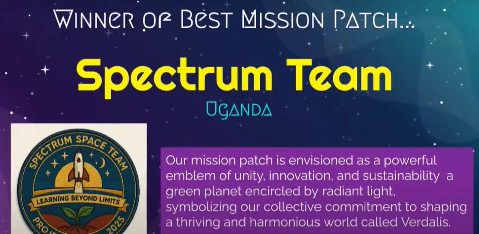 A slide from the online award ceremony that reads: Winner of Best Mission Patch, Spectrum Team, Uganda. It shows the team's mission patch and a short description of it.