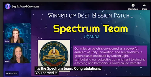 A screen from the online award ceremony announcing the Spectrum Team, Uganda, as winner of Best Mission Patch, with the team's patch and its description.